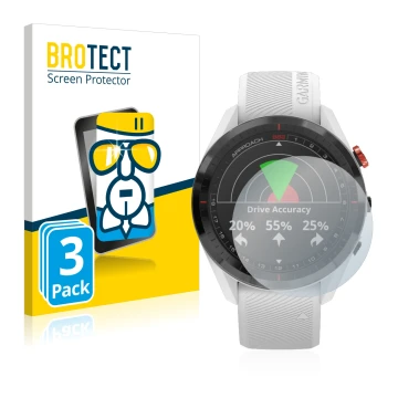 Vorderseite einer Produktverpackung mit dem Markenlogo BROTECT. Daneben ist das Gerät Garmin Approach S62 mit dem zugehörigen 