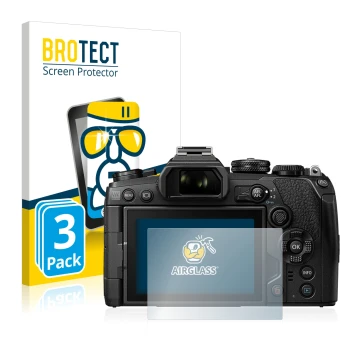 Vorderseite einer Produktverpackung mit dem Markenlogo BROTECT. Daneben ist das Gerät Olympus OM-D E-M1 Mark III mit dem zugeh