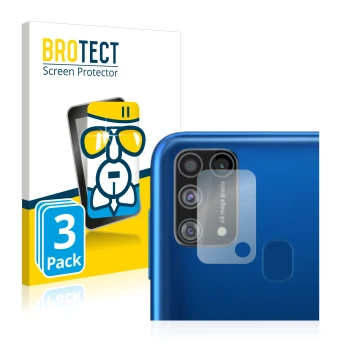 Vorderseite einer Produktverpackung mit dem Markenlogo BROTECT. Daneben ist das Gerät Samsung Galaxy M31 (NUR Kameraschutz) mi