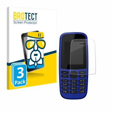 Vorderseite einer Produktverpackung mit dem Markenlogo BROTECT. Daneben ist das Gerät Nokia 105 DS 2019 mit dem zugehörigen Di