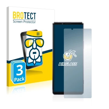 Vorderseite einer Produktverpackung mit dem Markenlogo BROTECT. Daneben ist das Gerät Sony Xperia 1 II mit dem zugehörigen Dis