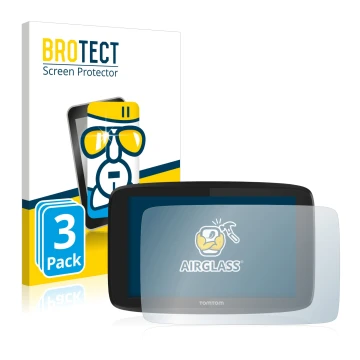 Vorderseite einer Produktverpackung mit dem Markenlogo BROTECT. Daneben ist das Gerät TomTom Go Professional 6200 mit dem zuge