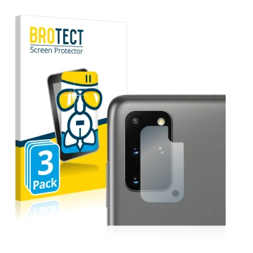 Vorderseite einer Produktverpackung mit dem Markenlogo BROTECT. Daneben ist das Gerät Samsung Galaxy S20 Plus 5G (NUR Kamerasc