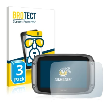 Vorderseite einer Produktverpackung mit dem Markenlogo BROTECT. Daneben ist das Gerät TomTom Rider 50 mit dem zugehörigen Disp