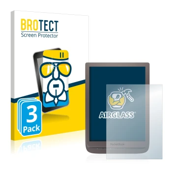 Vorderseite einer Produktverpackung mit dem Markenlogo BROTECT. Daneben ist das Gerät PocketBook InkPad 3 Pro mit dem zugehöri