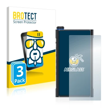 Vorderseite einer Produktverpackung mit dem Markenlogo BROTECT. Daneben ist das Gerät FiiO M15 mit dem zugehörigen Displayschu