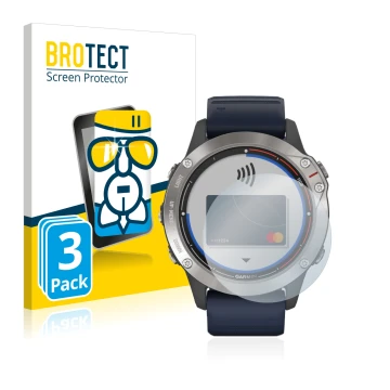 Vorderseite einer Produktverpackung mit dem Markenlogo BROTECT. Daneben ist das Gerät Garmin quatix 6 mit dem zugehörigen Disp