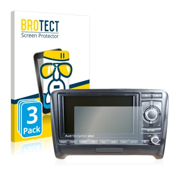 Vorderseite einer Produktverpackung mit dem Markenlogo BROTECT. Daneben ist das Gerät Audi A3 8P 2004-2012 RNS-E mit dem zugeh