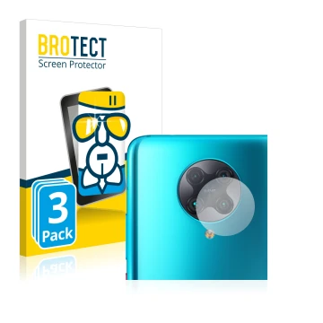 Vorderseite einer Produktverpackung mit dem Markenlogo BROTECT. Daneben ist das Gerät Xiaomi Poco F2 Pro (NUR Kameraschutz) mi