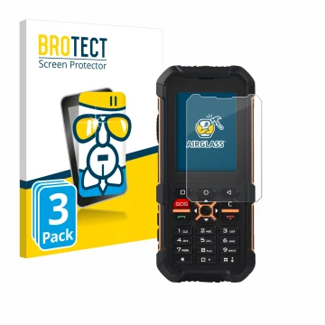 Vorderseite einer Produktverpackung mit dem Markenlogo BROTECT. Daneben ist das Gerät RugGear RG170 mit dem zugehörigen Displa