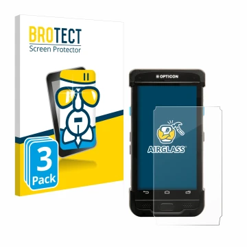 Vorderseite einer Produktverpackung mit dem Markenlogo BROTECT. Daneben ist das Gerät Opticon H-31 mit dem zugehörigen Display