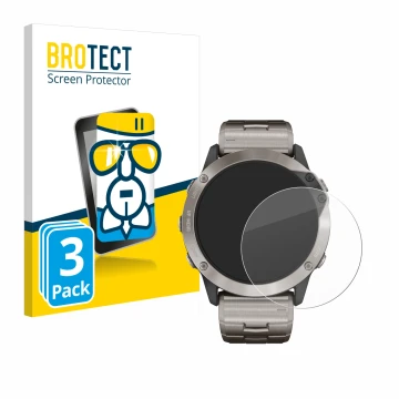 Vorderseite einer Produktverpackung mit dem Markenlogo BROTECT. Daneben ist das Gerät Garmin quatix 6x Solar mit dem zugehörig