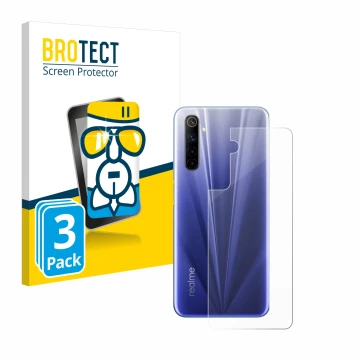 Vorderseite einer Produktverpackung mit dem Markenlogo BROTECT. Daneben ist das Gerät realme 6 (Rückseite) mit dem zugehörigen