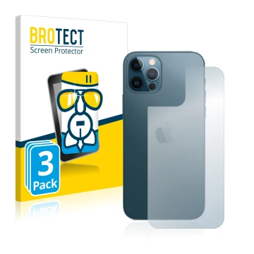 Vorderseite einer Produktverpackung mit dem Markenlogo BROTECT. Daneben ist das Gerät Apple iPhone 12 Pro (Rückseite) mit dem 