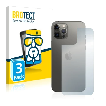 Vorderseite einer Produktverpackung mit dem Markenlogo BROTECT. Daneben ist das Gerät Apple iPhone 12 Pro Max (Rückseite) mit 