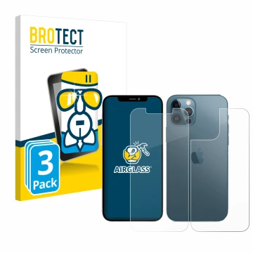 Vorderseite einer Produktverpackung mit dem Markenlogo BROTECT. Daneben ist das Gerät Apple iPhone 12 Pro Max (Display+Rücksei