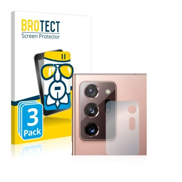 Vorderseite einer Produktverpackung mit dem Markenlogo BROTECT. Daneben ist das Gerät Samsung Galaxy Note 20 Ultra (NUR Kamera