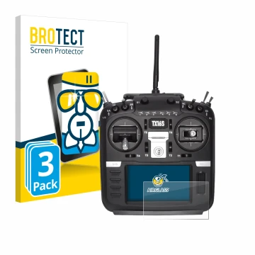 Vorderseite einer Produktverpackung mit dem Markenlogo BROTECT. Daneben ist das Gerät Radiomaster TX16S mit dem zugehörigen Di