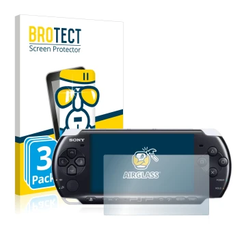 Vorderseite einer Produktverpackung mit dem Markenlogo BROTECT. Daneben ist das Gerät Sony PSP 3003 mit dem zugehörigen Displa