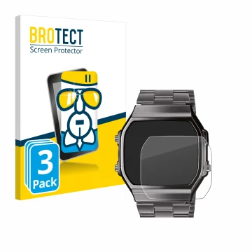 Vorderseite einer Produktverpackung mit dem Markenlogo BROTECT. Daneben ist das Gerät Casio A168WEGG-1BEF mit dem zugehörigen 