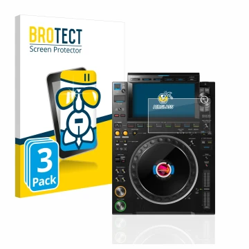 Vorderseite einer Produktverpackung mit dem Markenlogo BROTECT. Daneben ist das Gerät Pioneer CDJ 3000 mit dem zugehörigen Dis