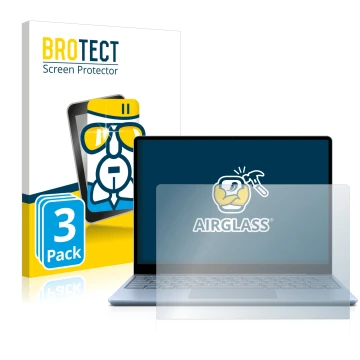 Vorderseite einer Produktverpackung mit dem Markenlogo BROTECT. Daneben ist das Gerät Microsoft Surface Laptop Go mit dem zuge