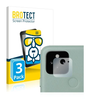 Vorderseite einer Produktverpackung mit dem Markenlogo BROTECT. Daneben ist das Gerät Google Pixel 5 (NUR Kameraschutz) mit de