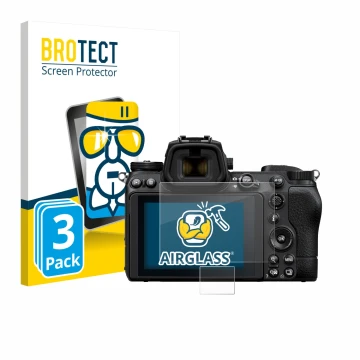 Vorderseite einer Produktverpackung mit dem Markenlogo BROTECT. Daneben ist das Gerät Nikon Z 6 II mit dem zugehörigen Display