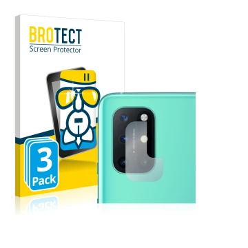 Vorderseite einer Produktverpackung mit dem Markenlogo BROTECT. Daneben ist das Gerät OnePlus 8T (NUR Kameraschutz) mit dem zu