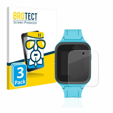 Vorderseite einer Produktverpackung mit dem Markenlogo BROTECT. Daneben ist das Gerät TCL Movetime FamilyWatch Kids MT40X mit 