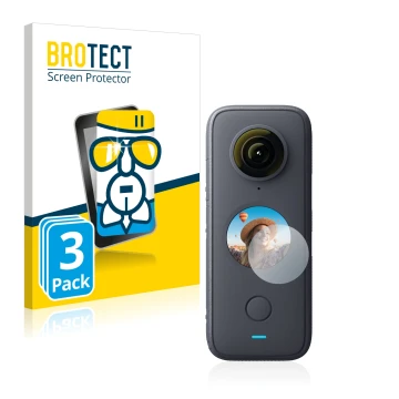 Vorderseite einer Produktverpackung mit dem Markenlogo BROTECT. Daneben ist das Gerät Insta360 One X2 mit dem zugehörigen Disp