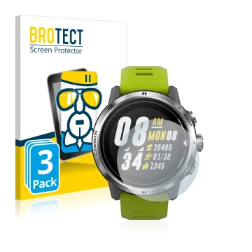 Vorderseite einer Produktverpackung mit dem Markenlogo BROTECT. Daneben ist das Gerät Coros Apex Pro mit dem zugehörigen Displ