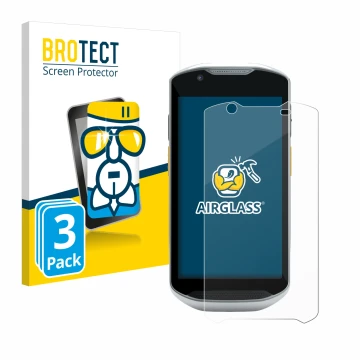 Vorderseite einer Produktverpackung mit dem Markenlogo BROTECT. Daneben ist das Gerät Zebra TC57x mit dem zugehörigen Displays