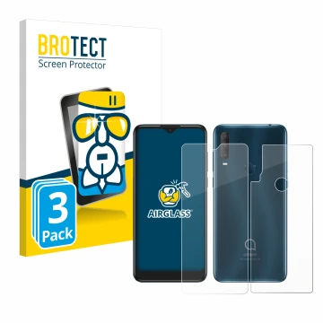 Vorderseite einer Produktverpackung mit dem Markenlogo BROTECT. Daneben ist das Gerät Alcatel 1S 2020 (Display+Rückseite) mit 