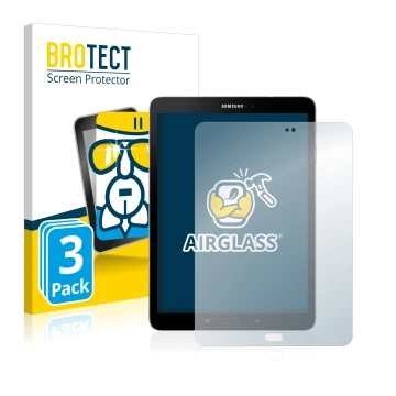 Vorderseite einer Produktverpackung mit dem Markenlogo BROTECT. Daneben ist das Gerät Samsung Galaxy Tab S3 mit dem zugehörige