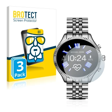 Vorderseite einer Produktverpackung mit dem Markenlogo BROTECT. Daneben ist das Gerät Michael Kors Access Gen 5 Lexington mit 