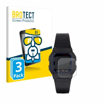 Vorderseite einer Produktverpackung mit dem Markenlogo BROTECT. Daneben ist das Gerät Casio W-800H-1AVES mit dem zugehörigen D