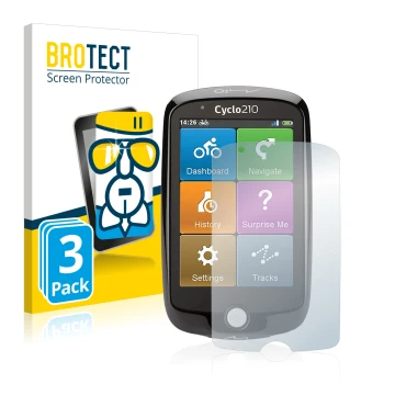 Vorderseite einer Produktverpackung mit dem Markenlogo BROTECT. Daneben ist das Gerät Mio Cyclo 210 mit dem zugehörigen Displa