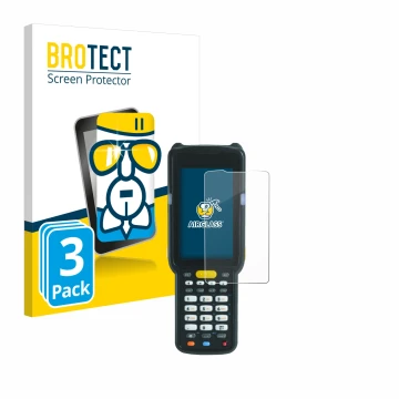 Vorderseite einer Produktverpackung mit dem Markenlogo BROTECT. Daneben ist das Gerät Zebra MC3300X mit dem zugehörigen Displa