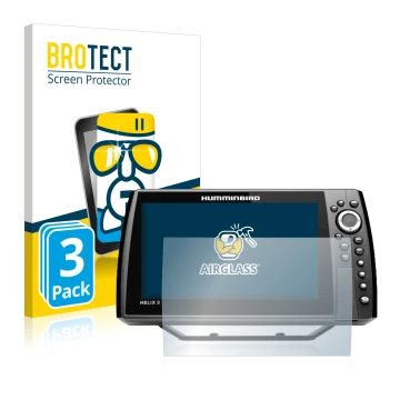 Vorderseite einer Produktverpackung mit dem Markenlogo BROTECT. Daneben ist das Gerät Humminbird Helix 9 CHIRP MSI+ GPS G4N mi