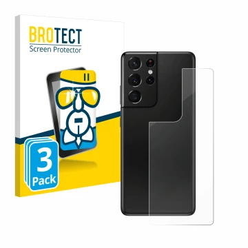 Vorderseite einer Produktverpackung mit dem Markenlogo BROTECT. Daneben ist das Gerät Samsung Galaxy S21 Ultra 5G (Rückseite) 