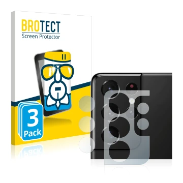 Vorderseite einer Produktverpackung mit dem Markenlogo BROTECT. Daneben ist das Gerät Samsung Galaxy S21 Ultra 5G (NUR Kameras