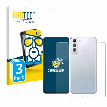Vorderseite einer Produktverpackung mit dem Markenlogo BROTECT. Daneben ist das Gerät Samsung Galaxy S21 Plus 5G (Display+Rück