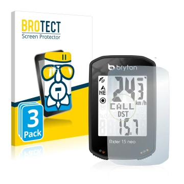 Vorderseite einer Produktverpackung mit dem Markenlogo BROTECT. Daneben ist das Gerät Bryton Rider 15 neo mit dem zugehörigen 