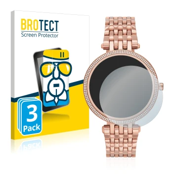 Vorderseite einer Produktverpackung mit dem Markenlogo BROTECT. Daneben ist das Gerät Michael Kors Access Darci Gen 5E mit dem