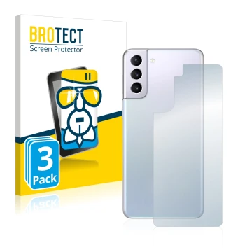 Vorderseite einer Produktverpackung mit dem Markenlogo BROTECT. Daneben ist das Gerät Samsung Galaxy S21 (Rückseite) mit dem z