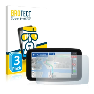 Vorderseite einer Produktverpackung mit dem Markenlogo BROTECT. Daneben ist das Gerät TomTom GO Discover 6