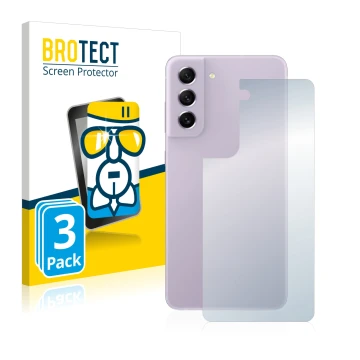 Vorderseite einer Produktverpackung mit dem Markenlogo BROTECT. Daneben ist das Gerät Samsung Galaxy S21 FE 5G (Rückseite) mit