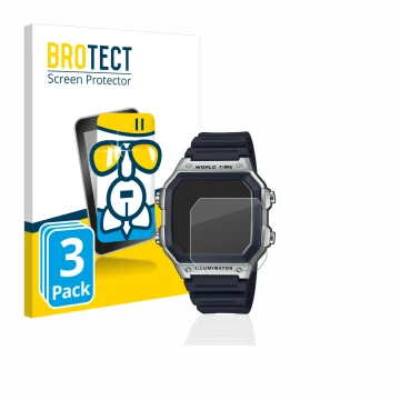 Vorderseite einer Produktverpackung mit dem Markenlogo BROTECT. Daneben ist das Gerät Casio AE-1200WH mit dem zugehörigen Disp