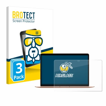 Vorderseite einer Produktverpackung mit dem Markenlogo BROTECT. Daneben ist das Gerät Apple MacBook Air M1 2020 mit dem zugehö